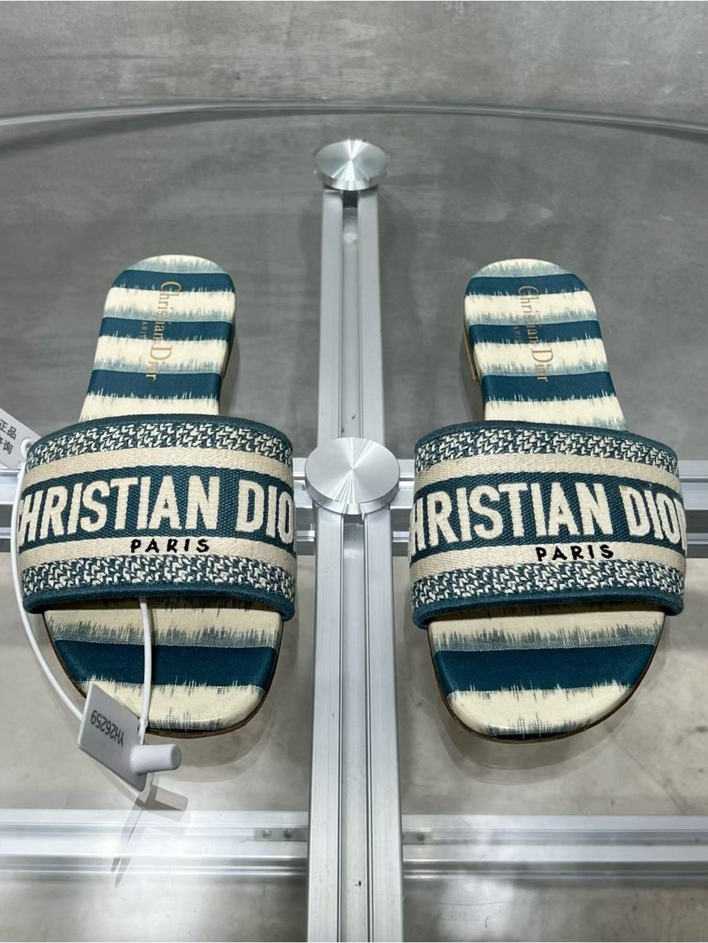 Dior Striped Logo Slide Sandals - Blue & Cream